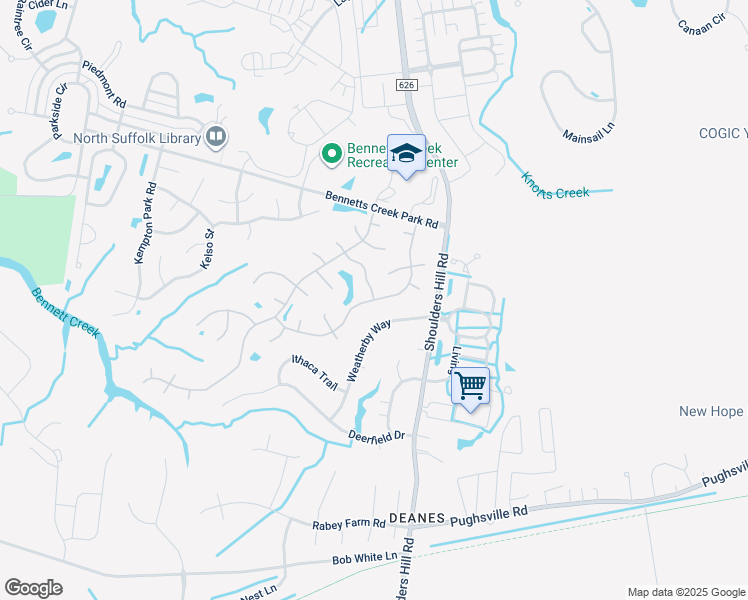 map of restaurants, bars, coffee shops, grocery stores, and more near 5024 Huntclub Chase in Suffolk