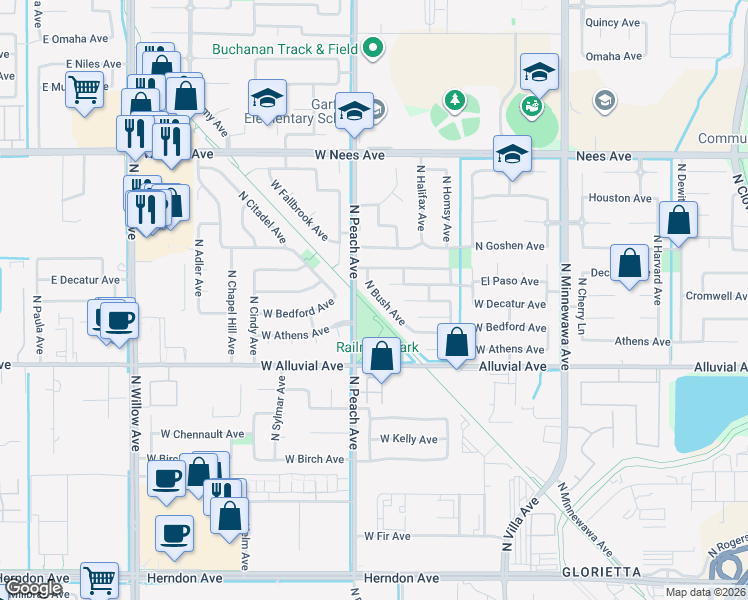 map of restaurants, bars, coffee shops, grocery stores, and more near 964 North Bush Avenue in Clovis