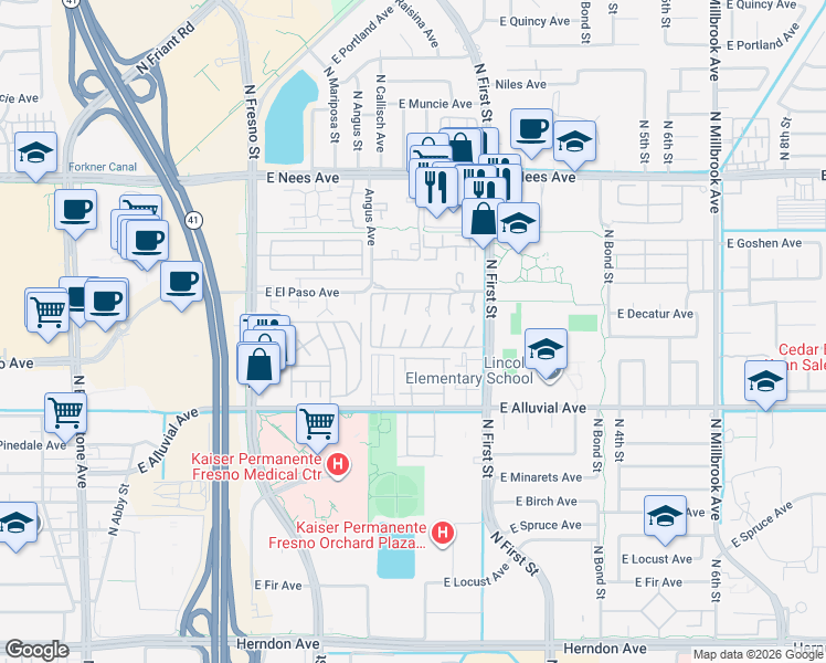 map of restaurants, bars, coffee shops, grocery stores, and more near 561 East El Paso Avenue in Fresno