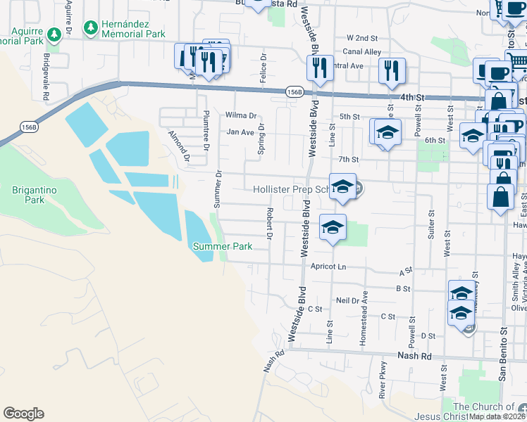 map of restaurants, bars, coffee shops, grocery stores, and more near 1140 Jacqueline Drive in Hollister