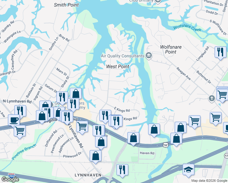 map of restaurants, bars, coffee shops, grocery stores, and more near 2712 Mulberry Grove Court in Virginia Beach