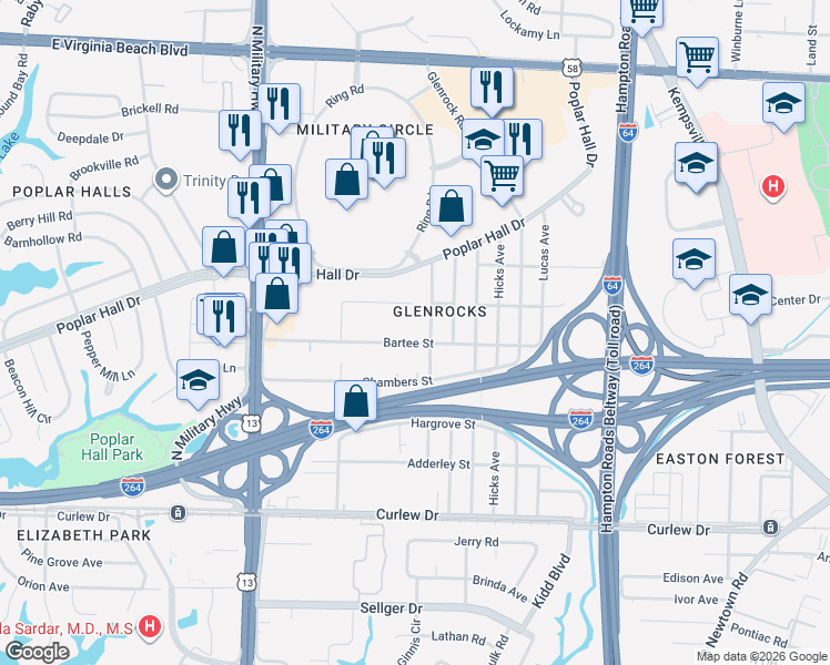 map of restaurants, bars, coffee shops, grocery stores, and more near 5847 Finney Street in Norfolk