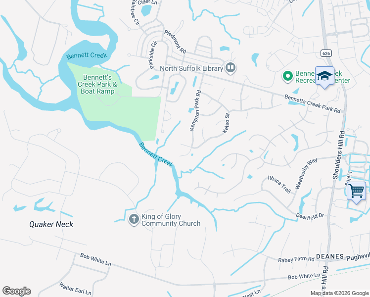 map of restaurants, bars, coffee shops, grocery stores, and more near 5070 Kelso Street in Suffolk