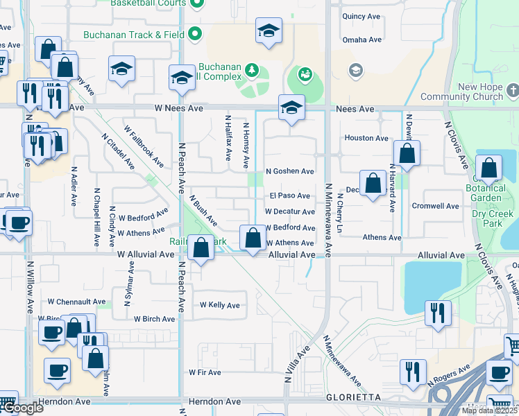 map of restaurants, bars, coffee shops, grocery stores, and more near 166 El Paso Avenue in Clovis
