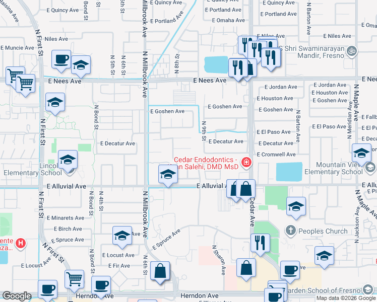 map of restaurants, bars, coffee shops, grocery stores, and more near 1194 East Decatur Avenue in Fresno