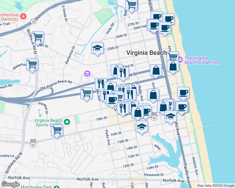 map of restaurants, bars, coffee shops, grocery stores, and more near in Virginia Beach