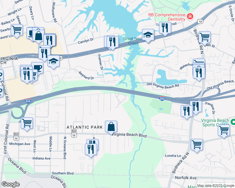 map of restaurants, bars, coffee shops, grocery stores, and more near 401 Rivers Post Court in Virginia Beach