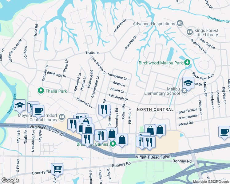 map of restaurants, bars, coffee shops, grocery stores, and more near 3844 Anson Lane in Virginia Beach