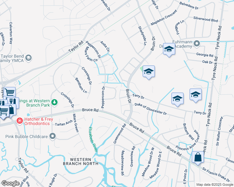 map of restaurants, bars, coffee shops, grocery stores, and more near 4424 Deborah Court in Chesapeake
