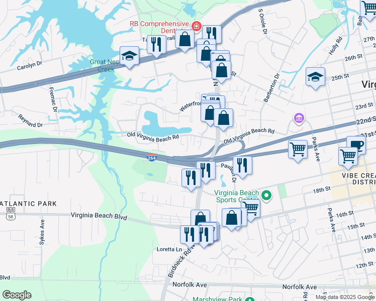 map of restaurants, bars, coffee shops, grocery stores, and more near 408 Sea Pointe Court in Virginia Beach