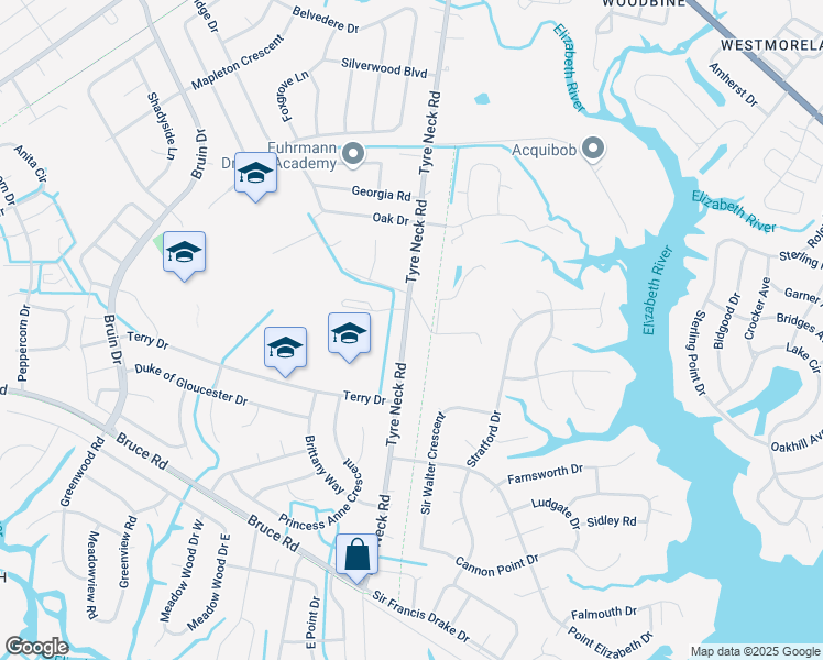 map of restaurants, bars, coffee shops, grocery stores, and more near 3065 Tyre Neck Road in Chesapeake