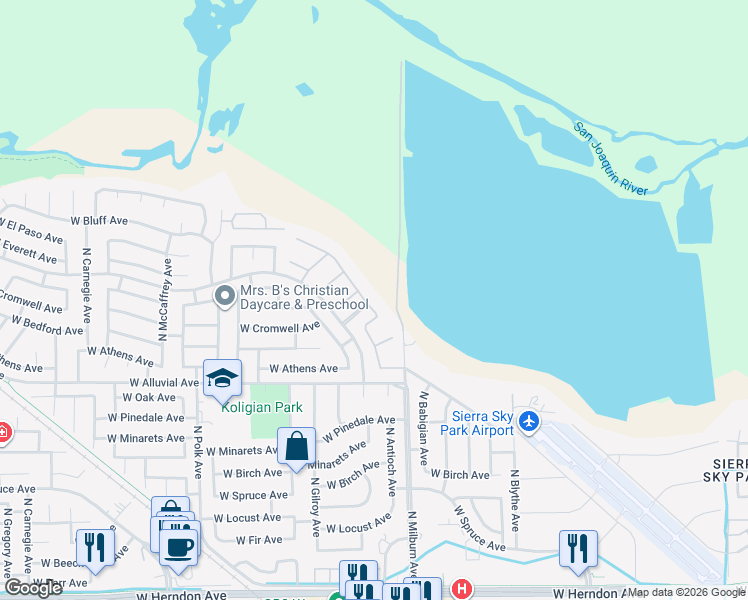 map of restaurants, bars, coffee shops, grocery stores, and more near 4918 West Bluff Avenue in Fresno