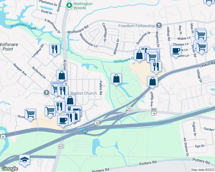 map of restaurants, bars, coffee shops, grocery stores, and more near 2100 Pallets Court in Virginia Beach