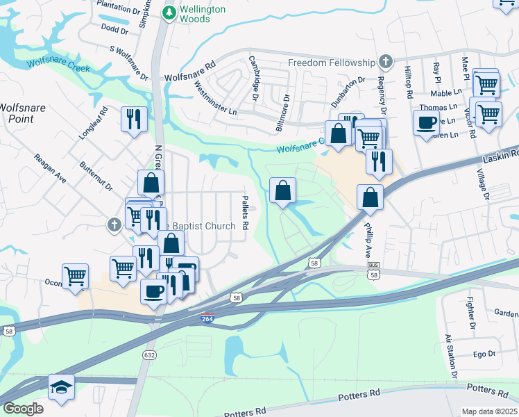map of restaurants, bars, coffee shops, grocery stores, and more near 2100 Pallets Court in Virginia Beach