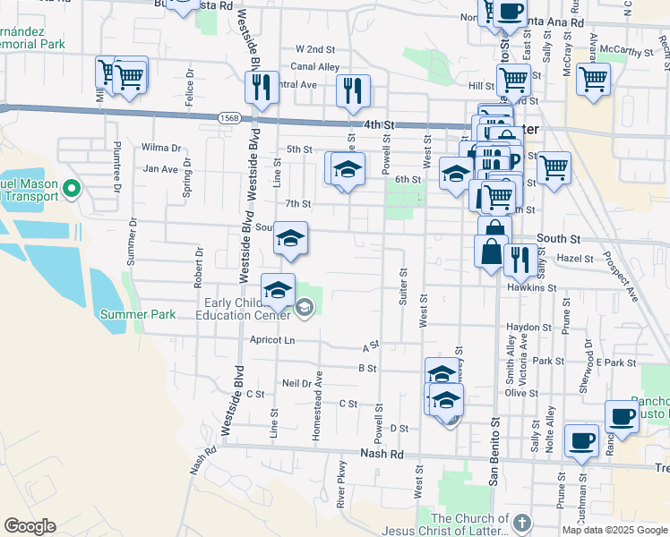 map of restaurants, bars, coffee shops, grocery stores, and more near 730 Walnut Ln in Hollister
