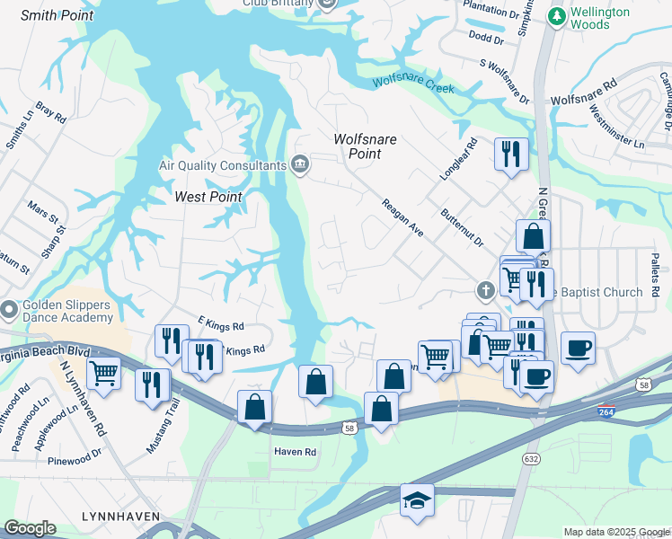 map of restaurants, bars, coffee shops, grocery stores, and more near 401 Hidden Shores Court in Virginia Beach