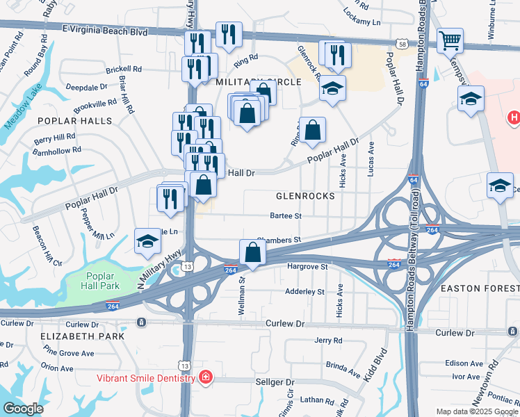 map of restaurants, bars, coffee shops, grocery stores, and more near 5818 Bartee Street in Norfolk