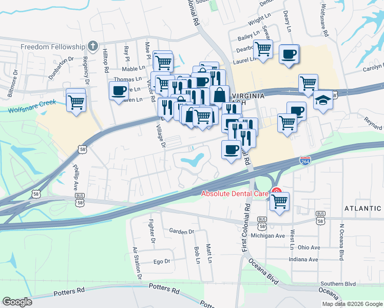 map of restaurants, bars, coffee shops, grocery stores, and more near 1701 Chase Pointe Circle in Virginia Beach