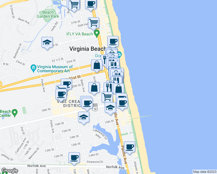 map of restaurants, bars, coffee shops, grocery stores, and more near 1900 Pacific Avenue in Virginia Beach
