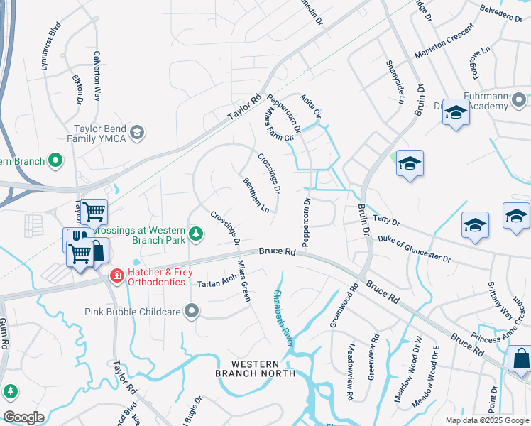 map of restaurants, bars, coffee shops, grocery stores, and more near 3202 Bentham Lane in Chesapeake