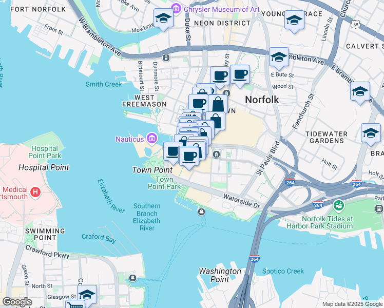 map of restaurants, bars, coffee shops, grocery stores, and more near 150 Granby Street in Norfolk