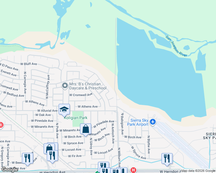 map of restaurants, bars, coffee shops, grocery stores, and more near 4918 West Bluff Avenue in Fresno