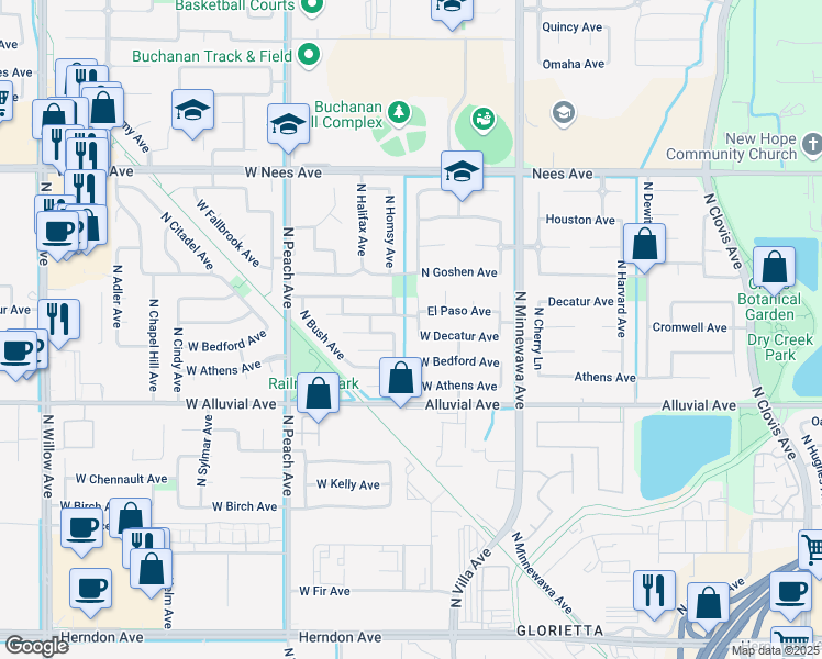 map of restaurants, bars, coffee shops, grocery stores, and more near 166 El Paso Avenue in Clovis