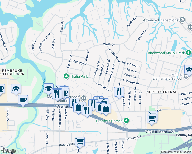 map of restaurants, bars, coffee shops, grocery stores, and more near 456 Kirkwood Lane in Virginia Beach