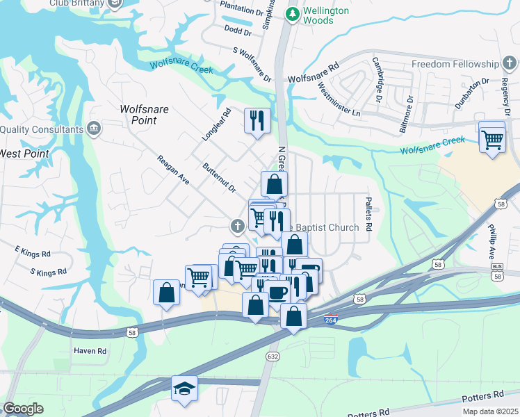 map of restaurants, bars, coffee shops, grocery stores, and more near 2327 Cretan Court in Virginia Beach