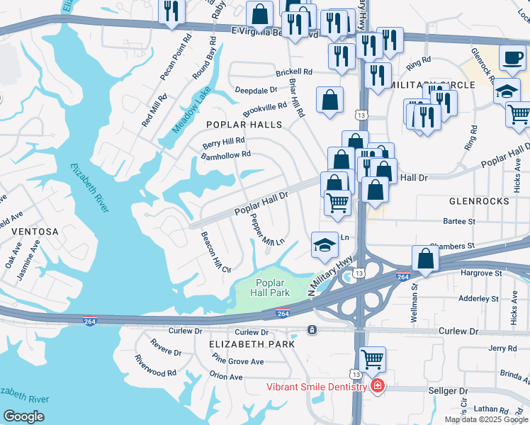 map of restaurants, bars, coffee shops, grocery stores, and more near 5509 Poplar Hall Drive in Norfolk