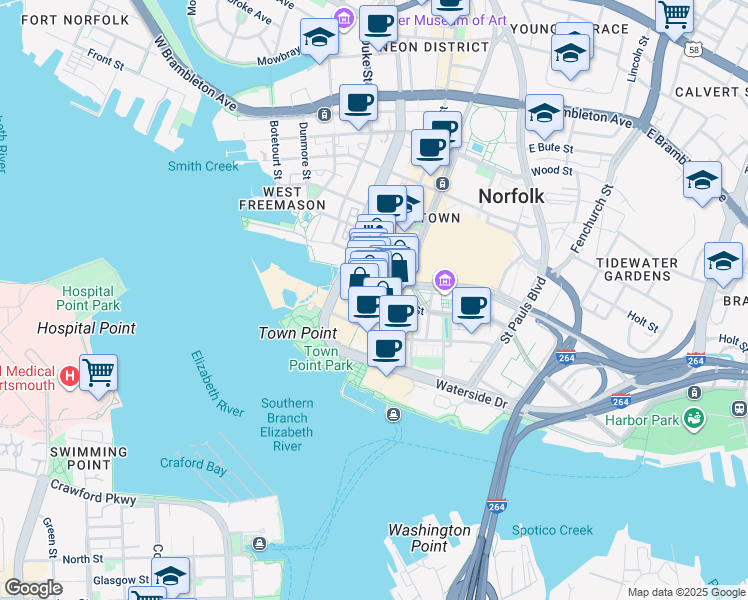 map of restaurants, bars, coffee shops, grocery stores, and more near 1 East Plume Street in Norfolk