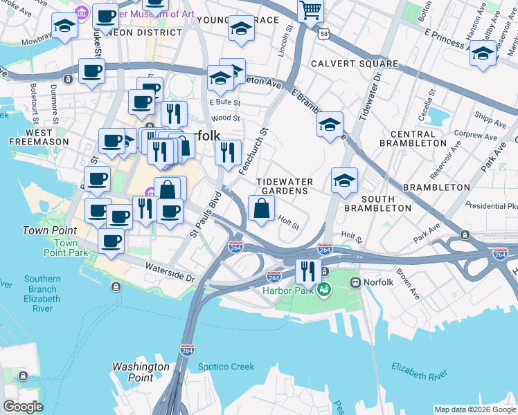 map of restaurants, bars, coffee shops, grocery stores, and more near 921 Holt Street in Norfolk