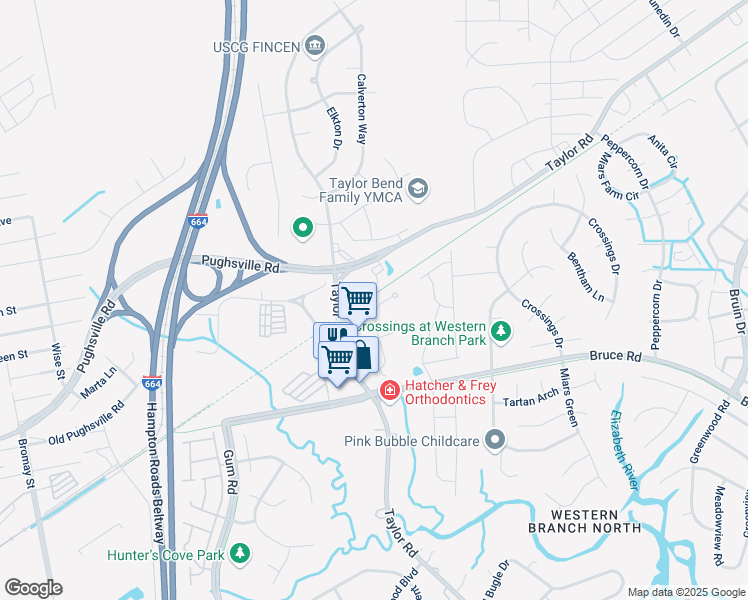 map of restaurants, bars, coffee shops, grocery stores, and more near 3418 Cricket Hollow Lane in Chesapeake