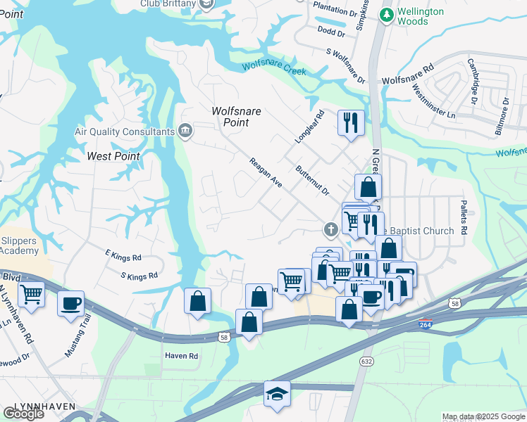 map of restaurants, bars, coffee shops, grocery stores, and more near 2421 Rennie Drive in Virginia Beach