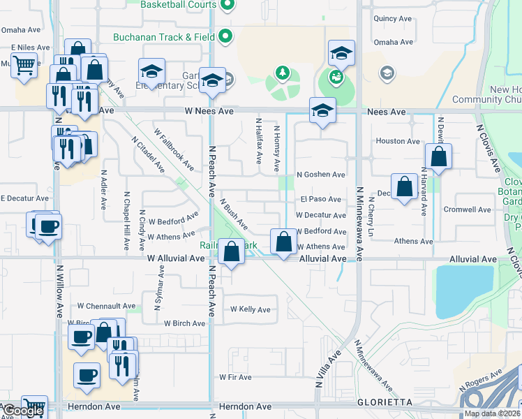 map of restaurants, bars, coffee shops, grocery stores, and more near 236 West El Paso Avenue in Clovis