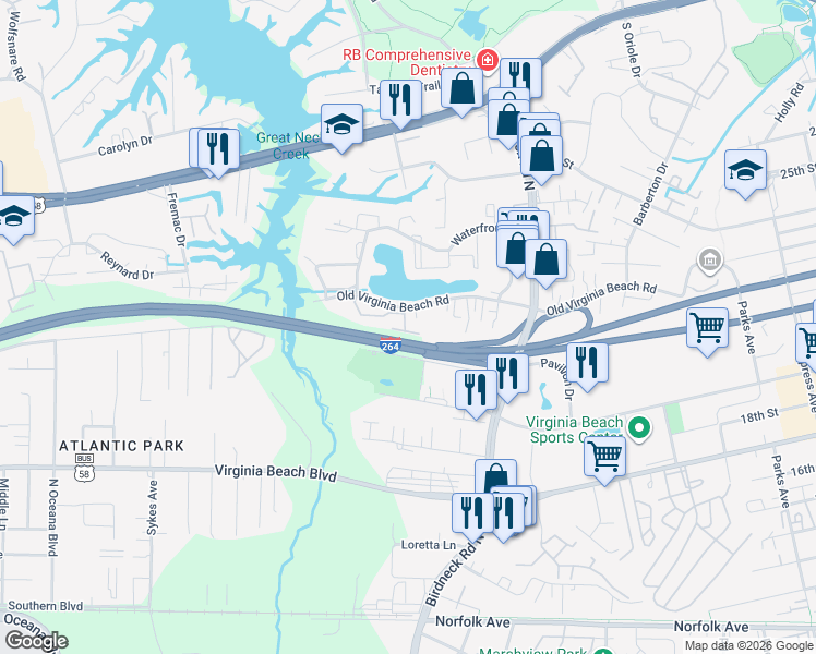 map of restaurants, bars, coffee shops, grocery stores, and more near 504 Ocean Trace Arch in Virginia Beach