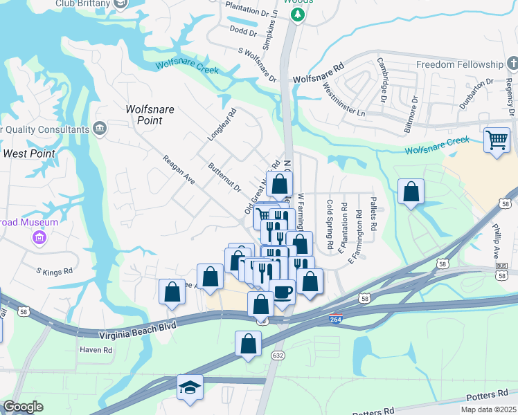 map of restaurants, bars, coffee shops, grocery stores, and more near 441 Chatterton Drive in Virginia Beach