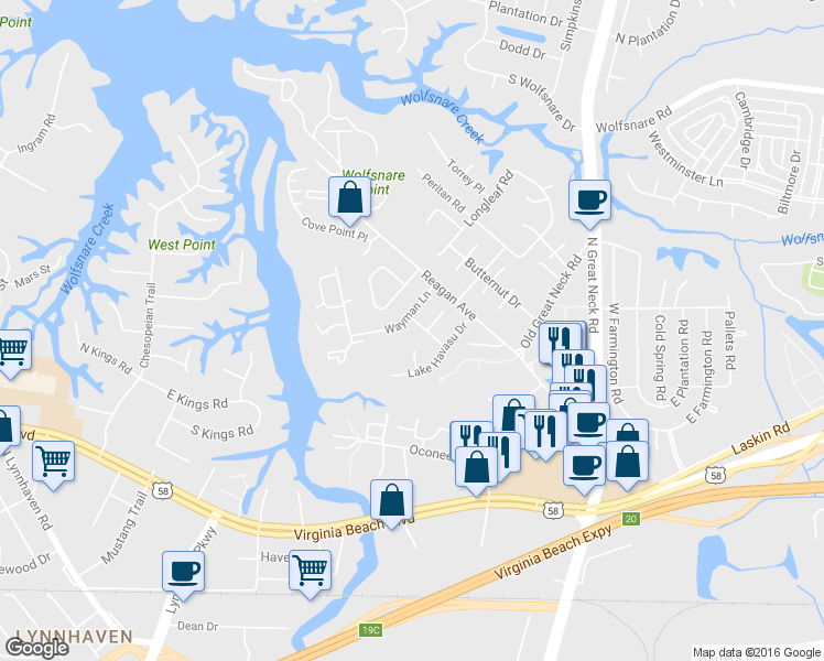 map of restaurants, bars, coffee shops, grocery stores, and more near 410 Rennie Court in Virginia Beach