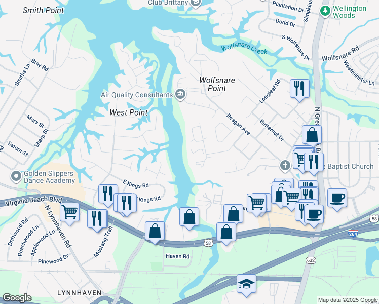 map of restaurants, bars, coffee shops, grocery stores, and more near 509 Benlea Court in Virginia Beach