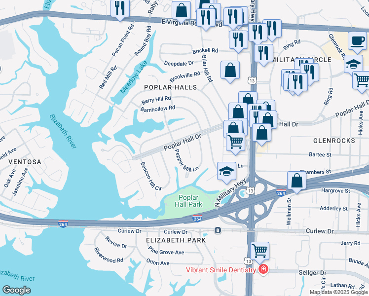 map of restaurants, bars, coffee shops, grocery stores, and more near 5509 Poplar Hall Drive in Norfolk