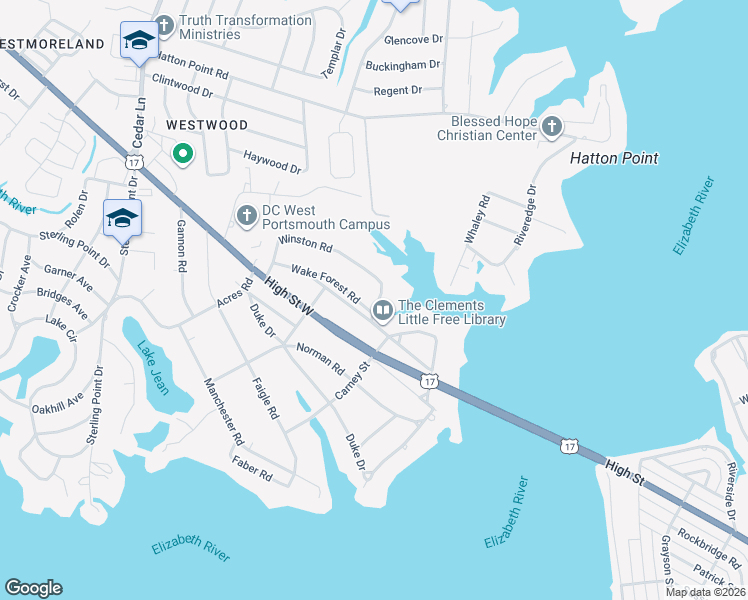map of restaurants, bars, coffee shops, grocery stores, and more near 4512 Wake Forest Road in Portsmouth