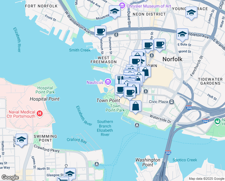 map of restaurants, bars, coffee shops, grocery stores, and more near 1 Waterside Drive in Norfolk