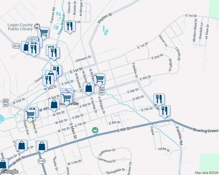 map of restaurants, bars, coffee shops, grocery stores, and more near 551 East 4th Street in Russellville