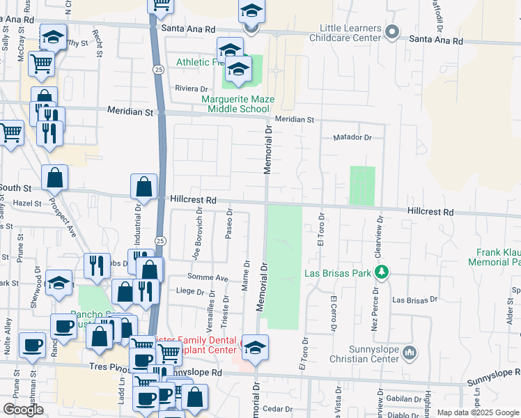 map of restaurants, bars, coffee shops, grocery stores, and more near 741 Hillcrest Road in Hollister