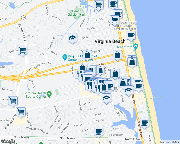 map of restaurants, bars, coffee shops, grocery stores, and more near 607 20th Street in Virginia Beach