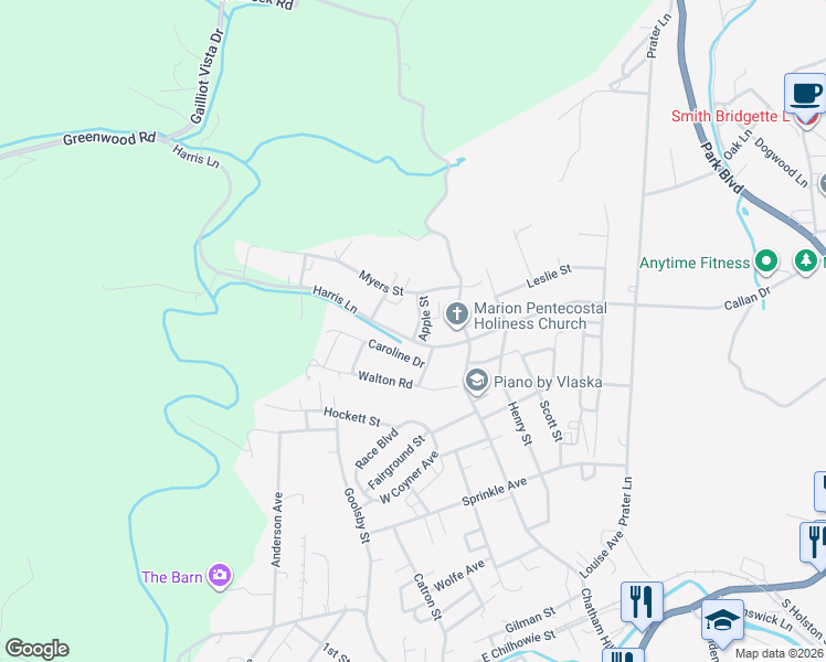 map of restaurants, bars, coffee shops, grocery stores, and more near 110 Apple Street in Marion