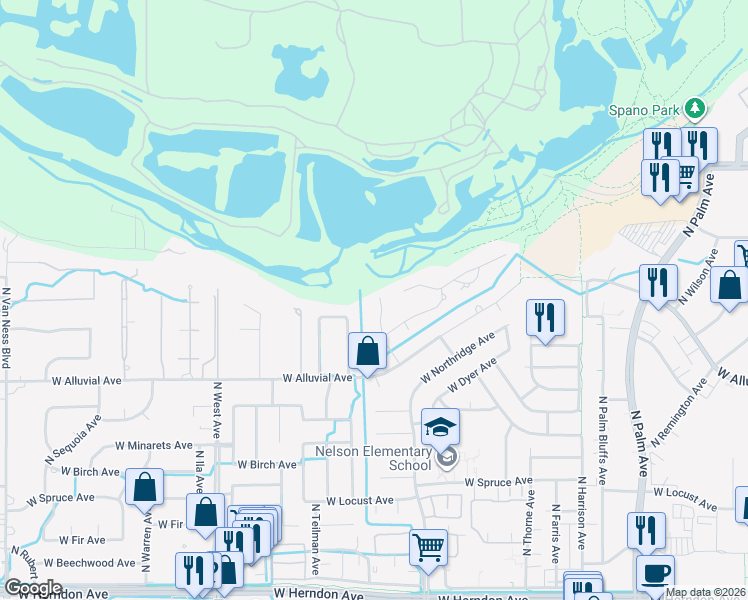 map of restaurants, bars, coffee shops, grocery stores, and more near 7549 North Toletachi Road in Fresno