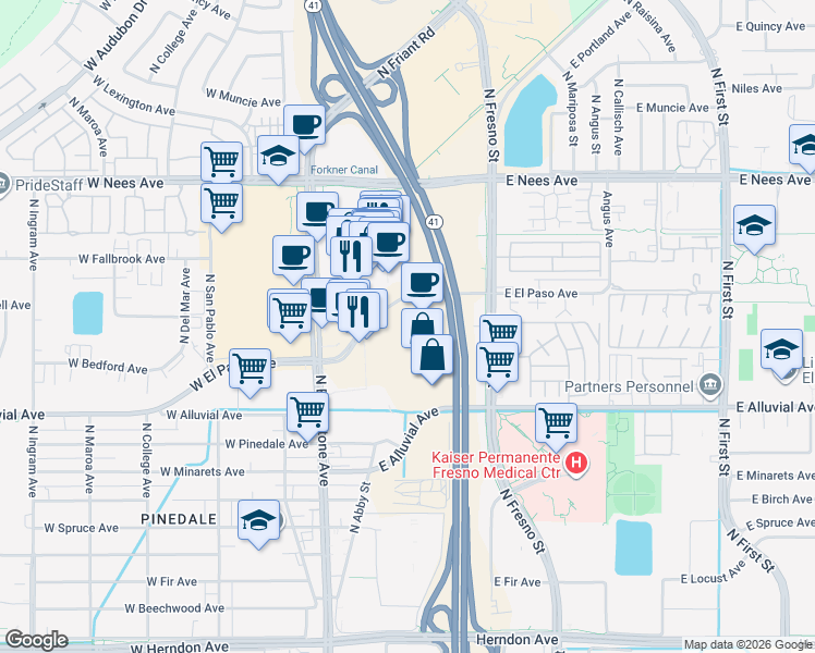 map of restaurants, bars, coffee shops, grocery stores, and more near 7600 North Blackstone Avenue in Fresno