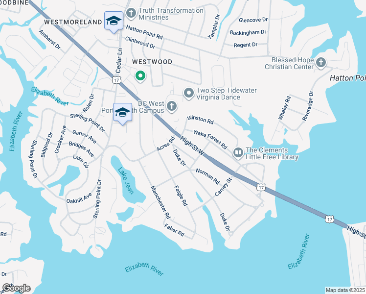 map of restaurants, bars, coffee shops, grocery stores, and more near 4616 Kemp Drive in Portsmouth