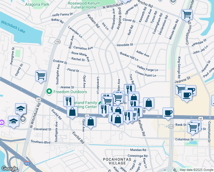 map of restaurants, bars, coffee shops, grocery stores, and more near 400 Jacqueline Avenue in Virginia Beach